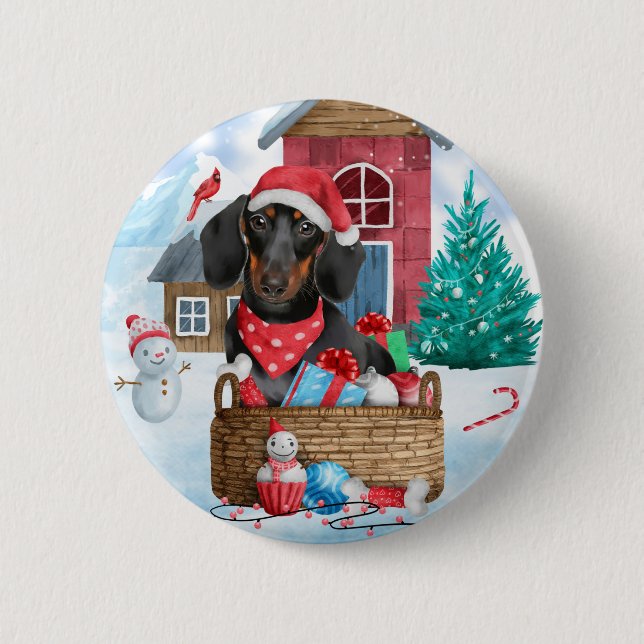 Badge Rond 5 Cm Dachshund Chien dans la neige Maison de Chien de N (Devant)