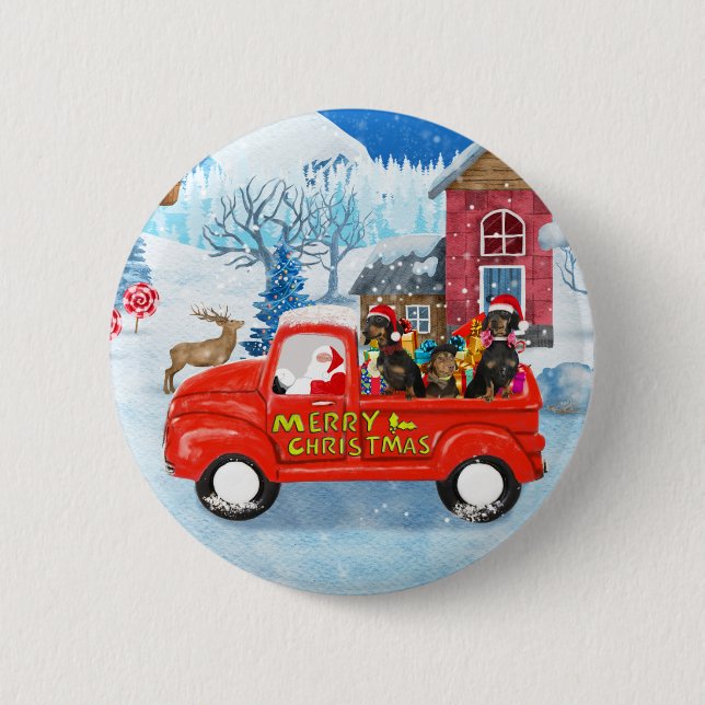 Badge Rond 5 Cm Dachshund Chien en livraison de Noël Camion Neige (Devant)
