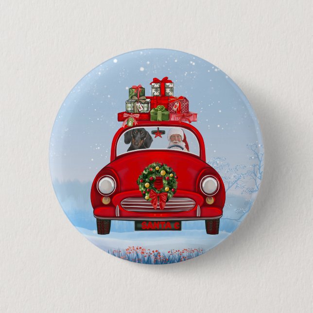 Badge Rond 5 Cm Dachshund Chien En Voiture Avec Le Père Noël (Devant)