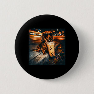 Badge Rond 5 Cm Dachshund drôle buvant un café glacé amateur d'hum