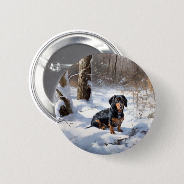 Badge Rond 5 Cm Dachshund Qu'Il Neige Noël (Devant & derrière)