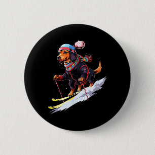 Badge Rond 5 Cm Dachshund Skiant Chien Skieur Ski Hiver Neige Homm