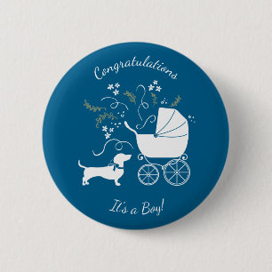 Badge Rond 5 Cm Dachshund Wiener Chien Baby shower Blue Boy