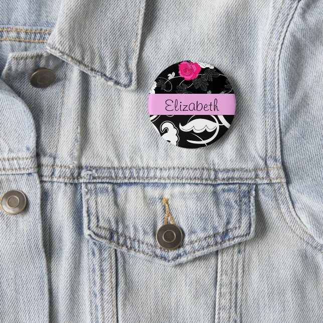 Badge Rond 5 Cm Damas, Fleurs, Noir et Blanc, Votre nom (En situation)
