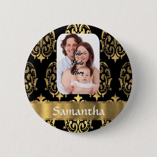 Badge Rond 5 Cm Damas noir et or (Devant)
