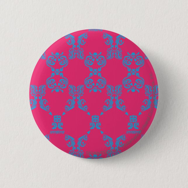 Badge Rond 5 Cm Damassé Aqua-Magenta (Devant)