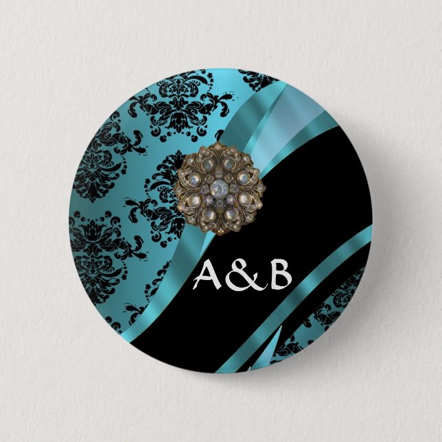 Badge Rond 5 Cm Damassé noire et bleu vert (Devant)