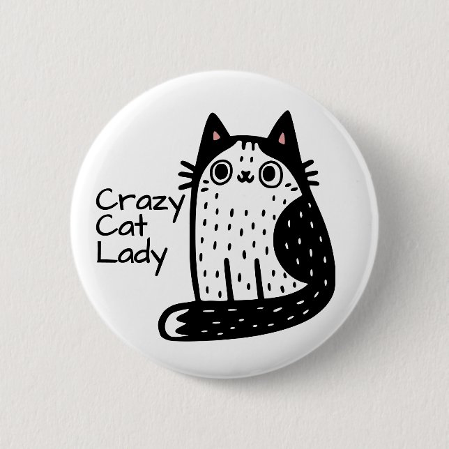 Badge Rond 5 Cm Dame de chat drôle noir et blanc folle de chats (Devant)