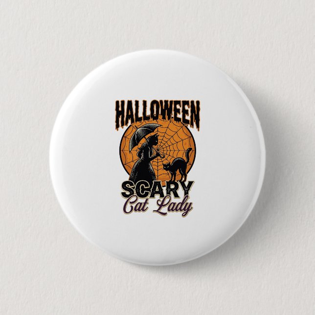 Badge Rond 5 Cm Dame de chat effrayante Halloween Sorcière Web Vin (Devant)