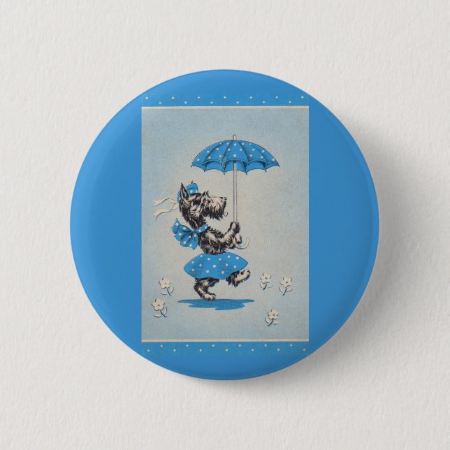 Badge Rond 5 Cm Dame de chien écossaise portant un parapluie (Devant)