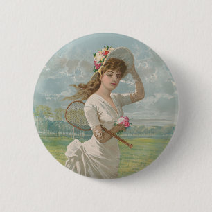 Badge Rond 5 Cm Dame de tennis victorienne avec chapeau à fleurs A