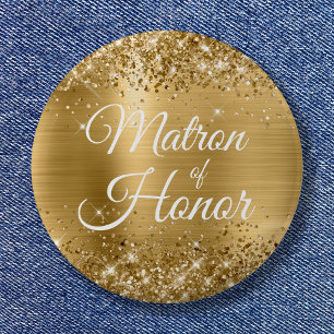 Badge Rond 5 Cm Dame d'honneur Pailleté Feuille d'Or