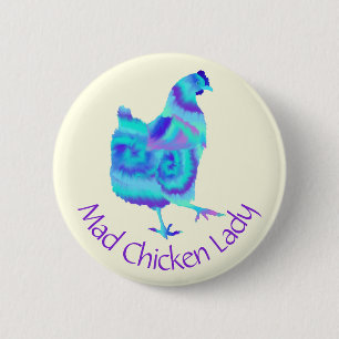 Badge Rond 5 Cm Dame Poulet Fou Rigolote Poule de Ferme Colorée Sl