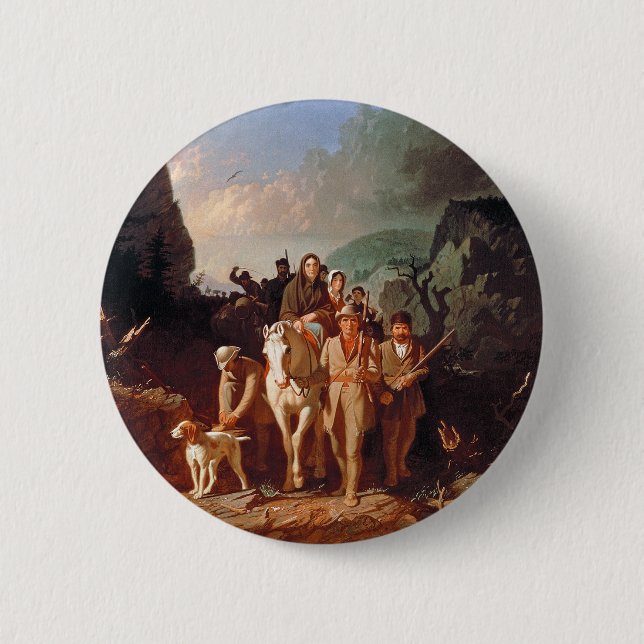 Badge Rond 5 Cm Daniel Boone escortant des colons  (Devant)