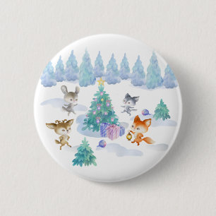 Badge Rond 5 Cm Danse Animaux de forêt Noël Aquarelle