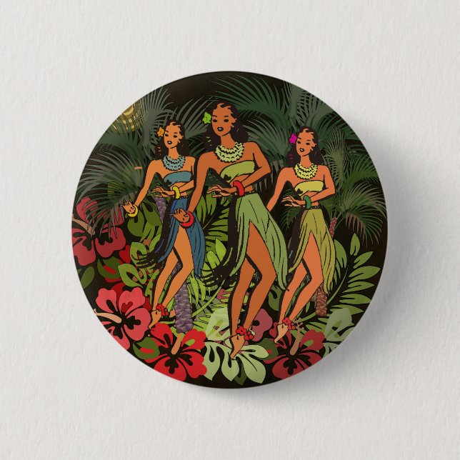 Badge Rond 5 Cm Danseuses Hula Vintage Hawaï Rétro Tiki Palmier (Devant)