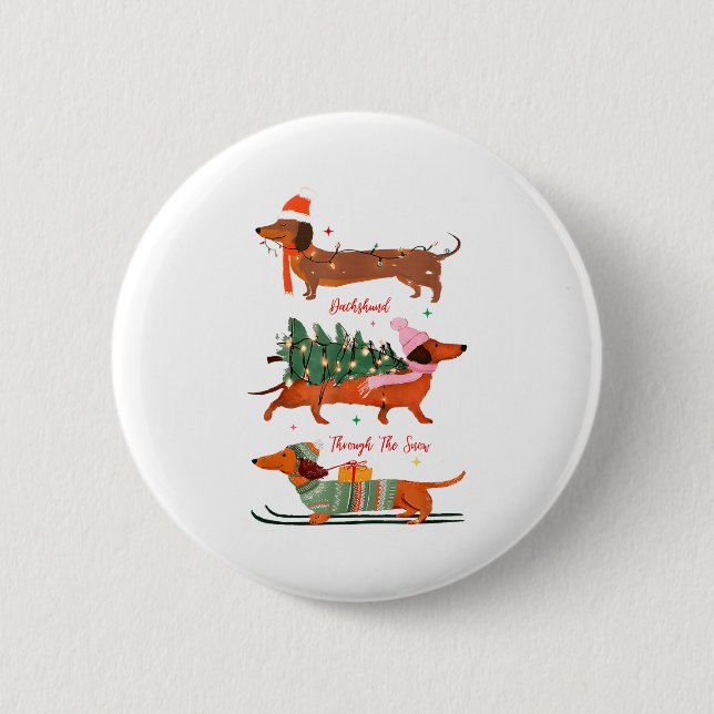 Badge Rond 5 Cm Dashing Through The Snow Christmas Wiener Dog Holi (Devant)