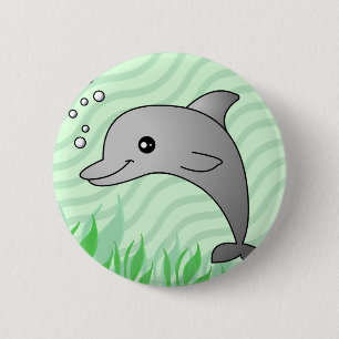 Badge Rond 5 Cm Dauphin gris mignon dans l'eau verte