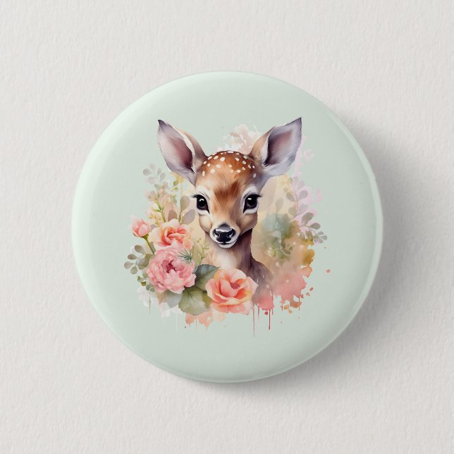Badge Rond 5 Cm De Beaux Cerfs Entourés De Roses (Devant)
