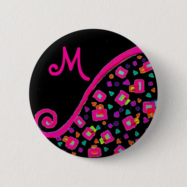Badge Rond 5 Cm DÉCO MONOGRAMME rose Fuchsia Jaune Blanc Noir (Devant)