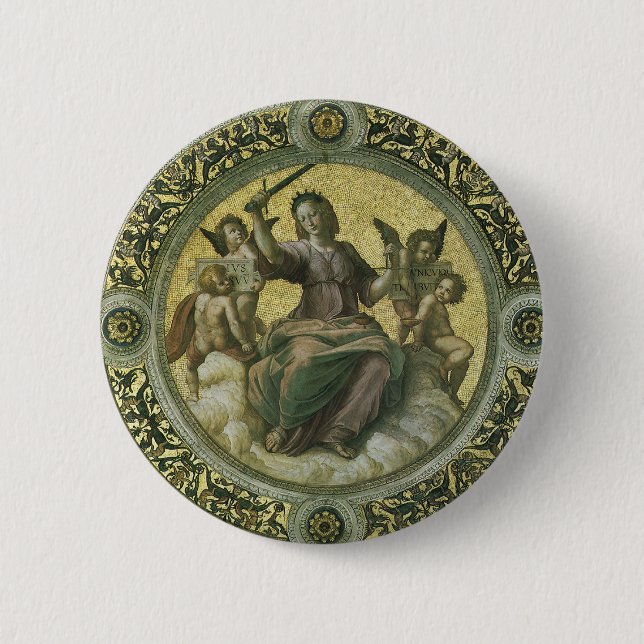 Badge Rond 5 Cm Déesse romaine Justice avec les anges par Raphael (Devant)