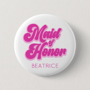 Badge Rond 5 Cm Demoiselle d'Honneur Bubblegum Rose Rétro Nom Pers