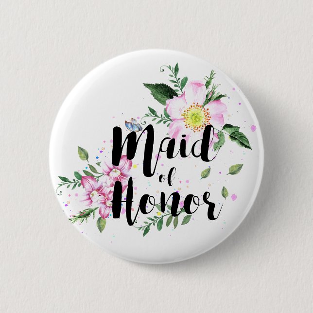 Badge Rond 5 Cm Demoiselle d'Honneur Fleurs Aquarelle Rose Mariage (Devant)