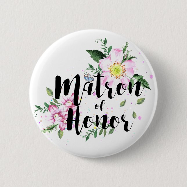 Badge Rond 5 Cm Demoiselle d'honneur Fleurs roses aquarelle Mariag (Devant)