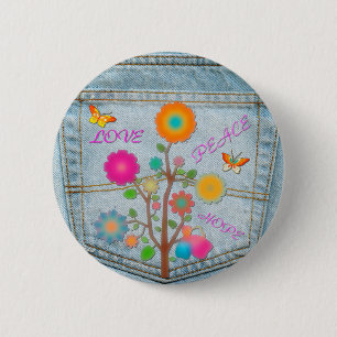 Badge Rond 5 Cm Denim Back Fleurs de poche Paix Aimer Espoir