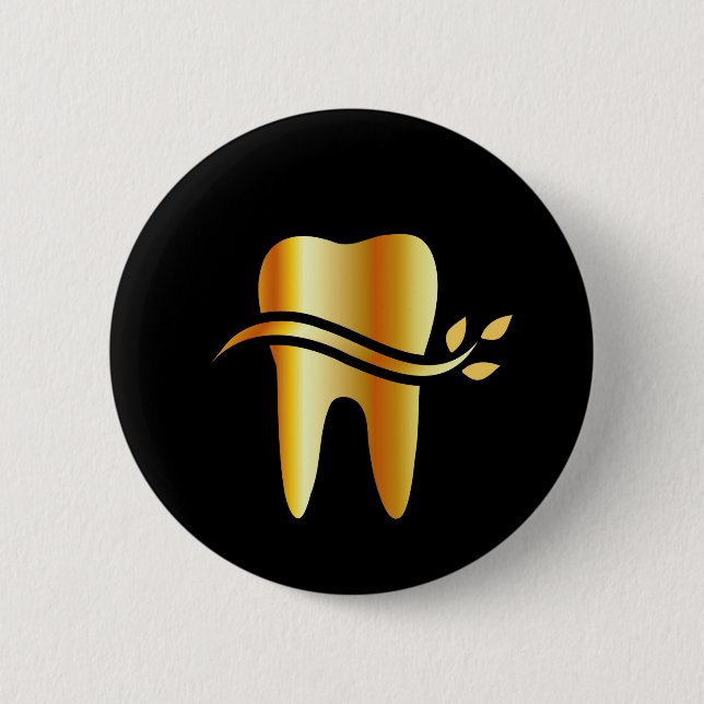 Badge Rond 5 Cm Dent d'or avec le feuille (Devant)