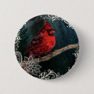 Badge Rond 5 Cm Dentelle blanche Primitive Noël Cardinal Rouge