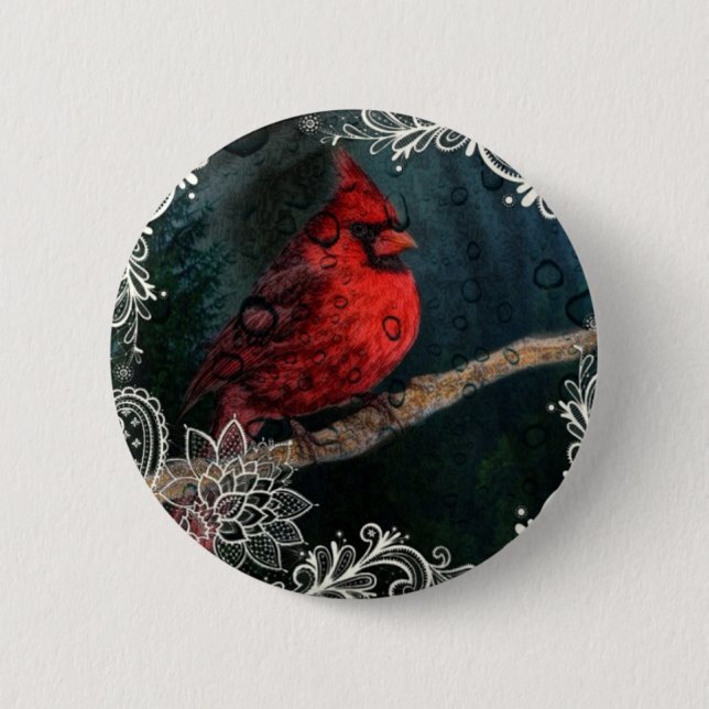 Badge Rond 5 Cm Dentelle blanche Primitive Noël Cardinal Rouge (Devant)