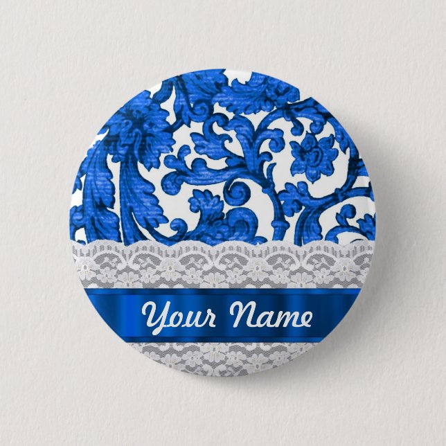Badge Rond 5 Cm Dentelle bleue et blanche (Devant)