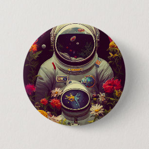 Badge Rond 5 Cm Des astronautes colorés dans l'espace avec des fle