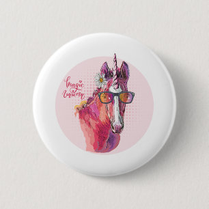 Badge Rond 5 Cm Dessin à la main Unicorne rose