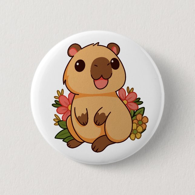 Badge Rond 5 Cm Dessin de capybara mignon et heureux (Devant)