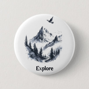 Badge Rond 5 Cm Dessin de paysage montagneux avec oiseau volant