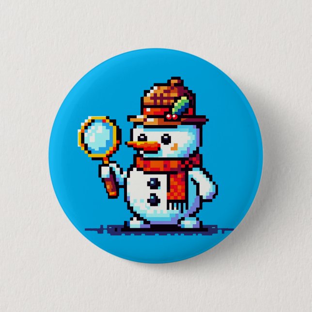 Badge Rond 5 Cm Détective Snowman - Drôle Pixel Art Mystère d'hive (Devant)