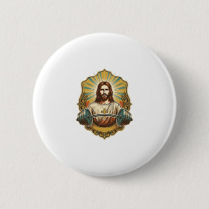 Badge Rond 5 Cm Déterminé Jésus Haltère en Fer Lourd Powerlifting