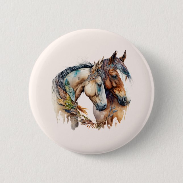 Badge Rond 5 Cm Deux beaux chevaux Boho occidental (Devant)
