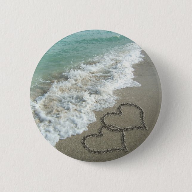 Badge Rond 5 Cm Deux Coeurs de sable sur la plage (Devant)