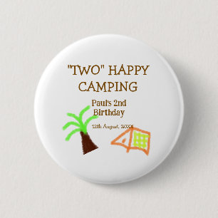 Badge Rond 5 Cm Deux enfants heureux de camper pour leur 2ème anni