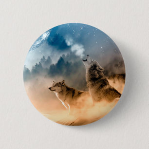 Badge Rond 5 Cm Deux loups hurlent à la pleine lune en forêt
