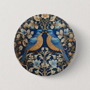 Badge Rond 5 Cm Deux Oiseaux Bleus Élégants William Morris Inspiré