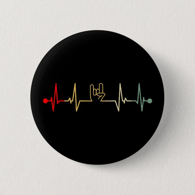 Badge Rond 5 Cm Devil Horns Heavy Métal Mains Heartbeat Vintage (Devant)