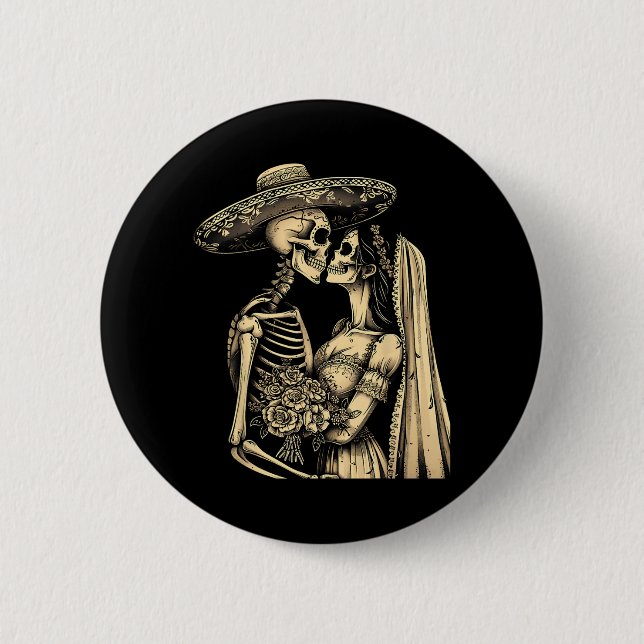Badge Rond 5 Cm Dia De Muertos Sugar Skull Couple Skeleton Bride W (Devant)