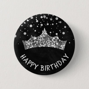 Badge Rond 5 Cm Diadème argenté avec bokeh argenté et Joyeux Anniv