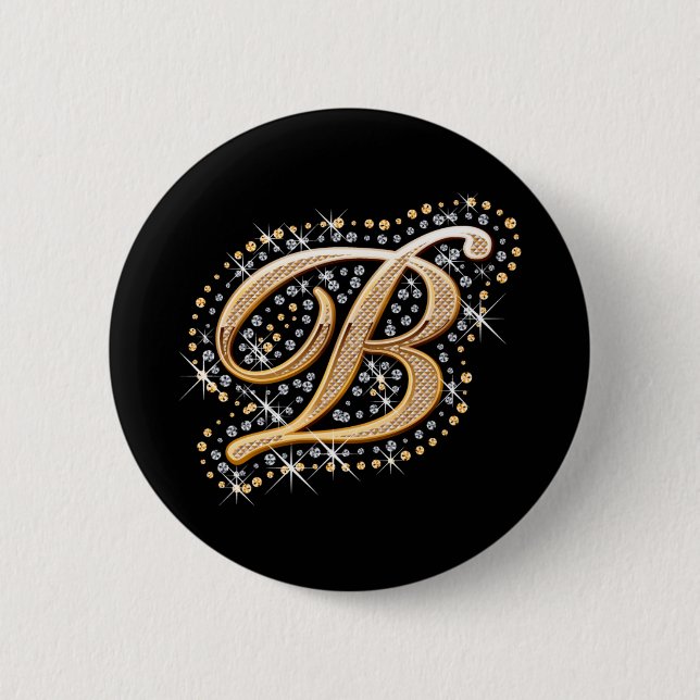 Badge Rond 5 Cm Diamants blancs et bouton "B" initial d'or (Devant)