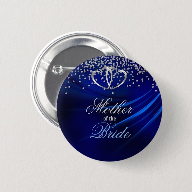 Badge Rond 5 Cm Diamants Bleus Royaux / Coeurs Mère de la Mariée (Devant & derrière)