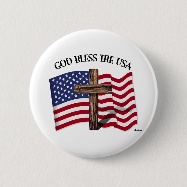 Badge Rond 5 Cm DIEU BLESS USA avec croix robuste et drapeau US (Devant)